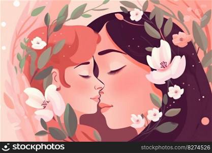 A beautiful and heartwarming mother and child as they embrace in a vibrant meadow of flowers, making it an ideal choice for Mother&rsquo;s Day, symbolizing joy and happiness of maternal love. AI Generative