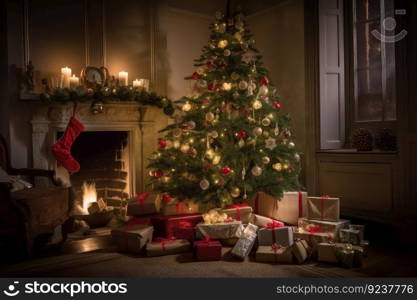 a beautiful and traditional tree, surrounded by presents and candles, created with generative ai. a beautiful and traditional tree, surrounded by presents and candles