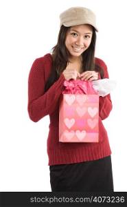 A beautiful asian girl receiving a valentine gift