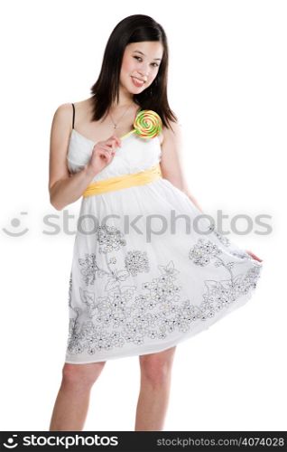 A beautiful asian woman holding a lollipop