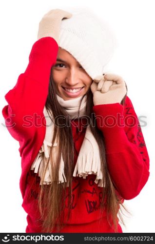 A Beautiful asian woman wearing winter clothes