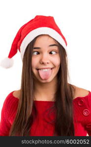 A beautiful asian woman with a christmas hat making a silly expression