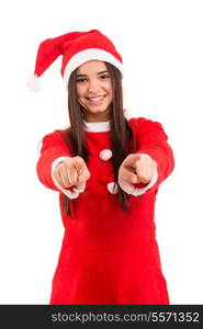 A beautiful asian woman with santa claus hat offering gifts