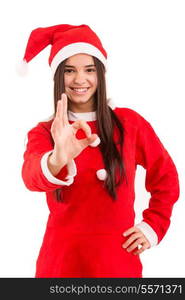 A beautiful asian woman with santa claus hat offering gifts