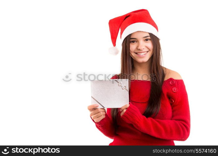 A beautiful asian woman with santa claus hat offering gifts