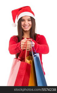 A beautiful asian woman with santa claus hat offering gifts