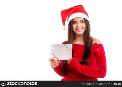 A beautiful asian woman with santa claus hat offering gifts