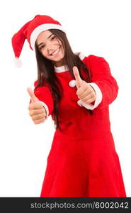 A beautiful asian woman with santa claus hat offering gifts