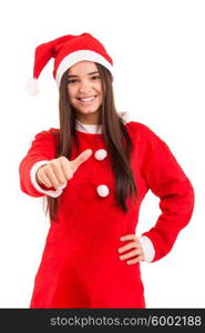 A beautiful asian woman with santa claus hat offering gifts