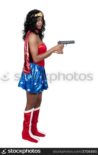 A beautiful black African American police detective woman on the job with a gun