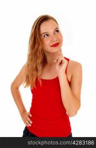 A beautiful blond young woman holding her finger on her chin, sheis wondering what she seeing, isolated for white background.