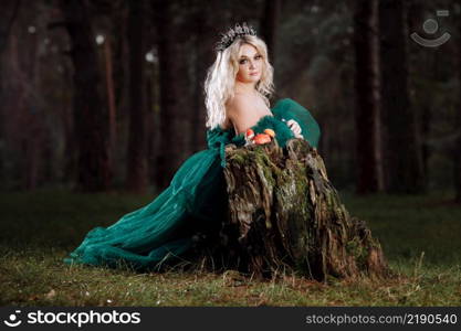 A beautiful blonde young woman in a long green dress and a diadem on her head in the forest. girl sitting near the old stump with amanitas. Solar glare. Fantasy. fairy tale.. A beautiful blonde young woman in a long green dress and a diadem on her head in the forest. girl sitting near the old stump with amanitas. Solar glare. Fantasy. fairy tale