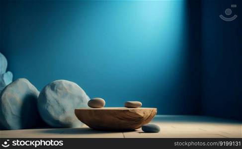 A beautiful blue background for presentations with a podium and masonry round stones in a soothing color scheme. Generative ai illustration.. A beautiful blue background for presentations with a podium and masonry round stones in a soothing color scheme. Generative ai.