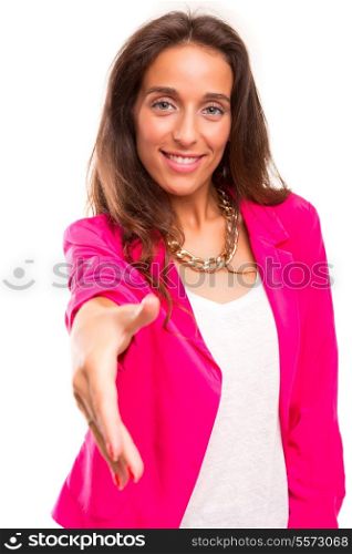 A beautiful business woman offering handshake, isolated over white