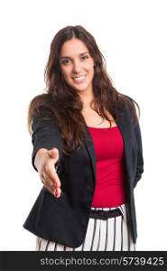 A beautiful business woman offering handshake, isolated over white