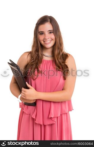 A beautiful business woman posing isolated over a white background