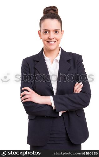 A beautiful business woman posing isolated over white