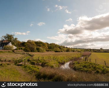 a beautiful countryside scene with small stream and lush vibrant colours