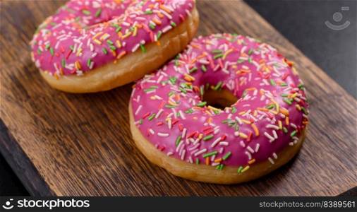 A beautiful doughnut with pink glaze and colored sprinkle on a dark concrete background. Sweets to the dinner table. A beautiful doughnut with pink glaze and colored sprinkle on a dark concrete background