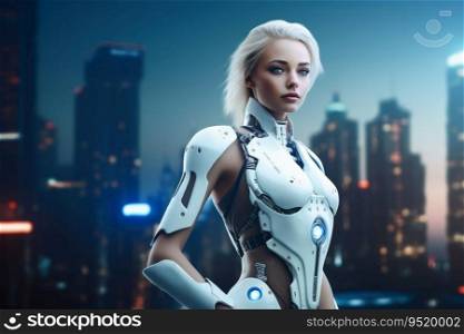 A beautiful female cyborg in front of a futuristic city created with generative AI technology