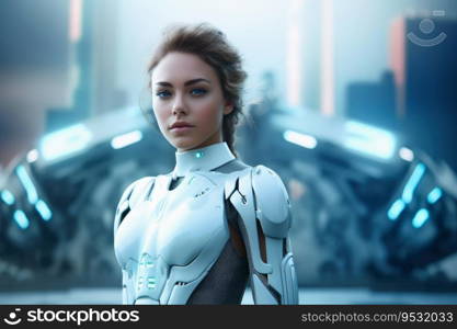 A beautiful female cyborg in front of a futuristic city created with generative AI technology