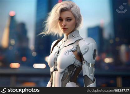 A beautiful female cyborg in front of a futuristic city created with generative AI technology