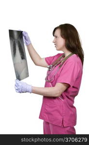 A beautiful female patient holding a chest x-ray. Hospital Room