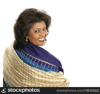 A beautiful Indian woman in a colorful, traditional shawl.