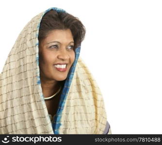 A beautiful Indian woman in traditional clothing, looking toward the future. Isolated on white with room for text.