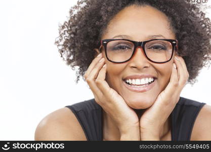 A beautiful intelligent mixed race African American girl or young woman looking happy and wearing geek glasses