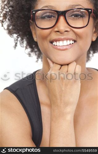 A beautiful intelligent mixed race African American girl or young woman looking happy and wearing geek glasses