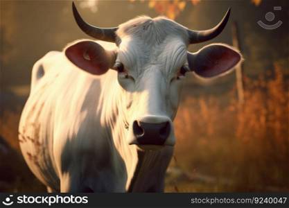 A beautiful landscape of a brown and white cow standing on a green grassland with hills and trees in the background. AI Generative.