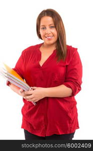 A beautiful large student woman, posing isolated over white background