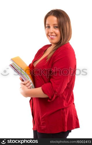 A beautiful large student woman, posing isolated over white background