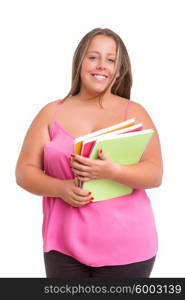 A beautiful large student woman, posing isolated over white background