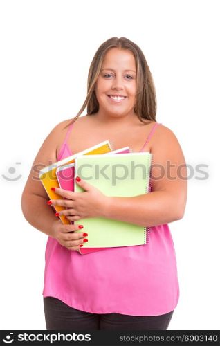 A beautiful large student woman, posing isolated over white background