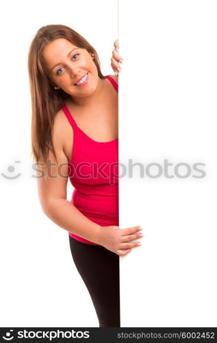 A beautiful large woman holding a white board