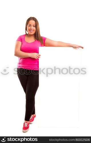 A beautiful large woman holding a white board