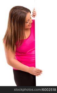 A beautiful large woman holding a white board