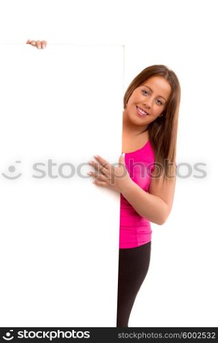 A beautiful large woman holding a white board