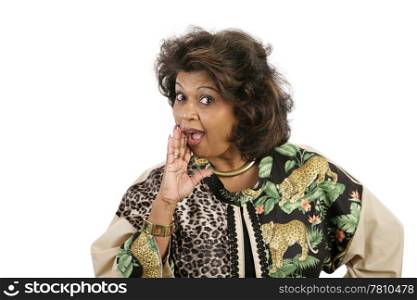 A beautiful multi-ethnic woman with her hand to her mouth in a talking or shouting gesture. Isolated on white.