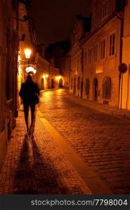 a beautiful night view of the street and the shadow of a man in Prague