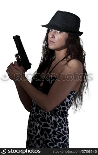 A beautiful police detective woman on the job with a gun