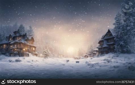 A beautiful scene of a snowy landscape with warm house ambient light in the middle, 4k, 16 9