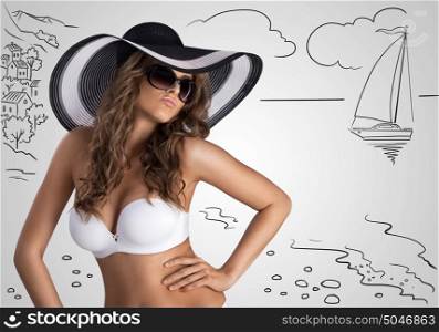 A beautiful sexy girl posing in white bikini and stylish sun hat on sketchy background with summer beach and yacht.