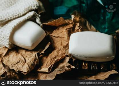A beautiful shot of a hard soap over a soap dish with autumnal motives and leaves