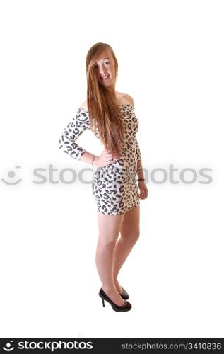 A beautiful slim teenage girl with long brunette hair, standing in a shortdress and high heels in the studio for white background.