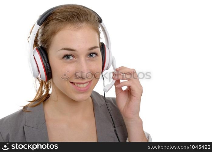 a beautiful smiling young woman with a headset, on white background