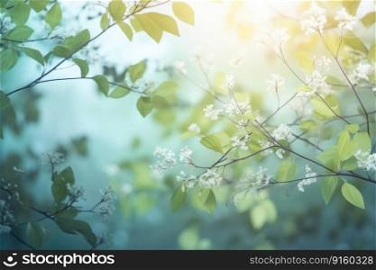 A beautiful spring background with leaves and little flowers on a light background created with generative AI technology