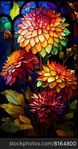 A beautiful stained glass window featuring dahlias in a kaleidoscope of colors.  Illustration created with the help of Generative AI Technology.